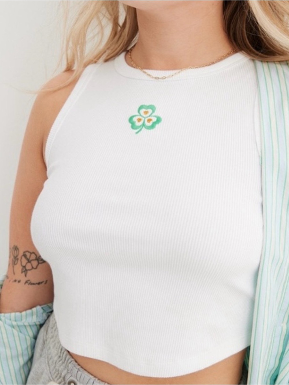 Aerie New Day Curved Hem White Ribbed Cropped Tank with Green Clover Embroidery